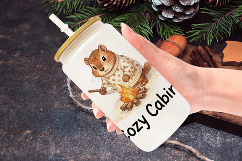 Glass Can Winter Cabin Woodland Friends Watercolor Sublimation artnoy 