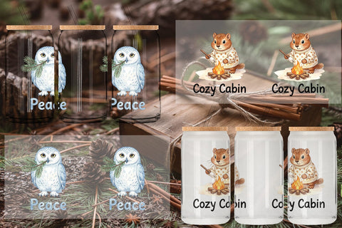 Glass Can Winter Cabin Woodland Friends Watercolor Sublimation artnoy 