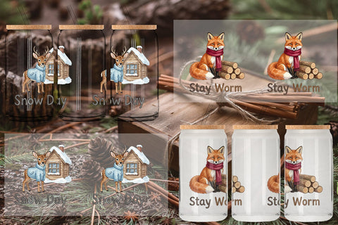 Glass Can Winter Cabin Woodland Friends Watercolor Sublimation artnoy 