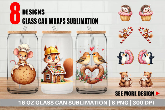 Glass Can Winter Critters & Sweets Watercolor Sublimation artnoy 