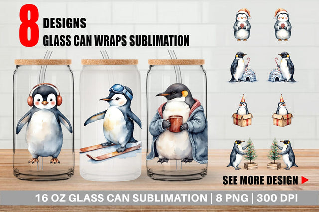 Glass Can Winter Penguins Sublimation artnoy 
