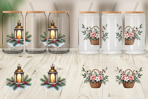Glass Can Winter Woodland Farmhouse Elements Watercolor Sublimation artnoy 