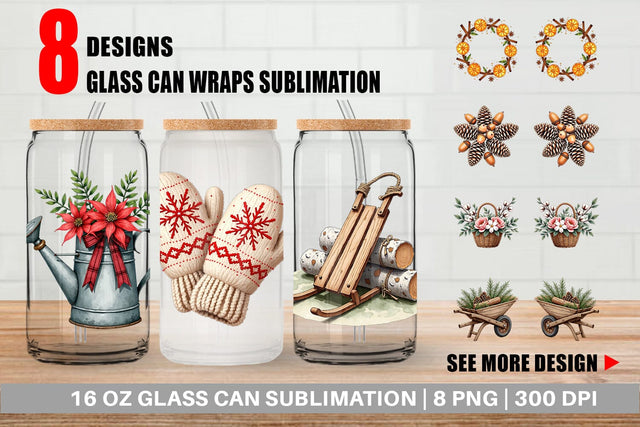 Glass Can Winter Woodland Farmhouse Elements Watercolor Sublimation artnoy 