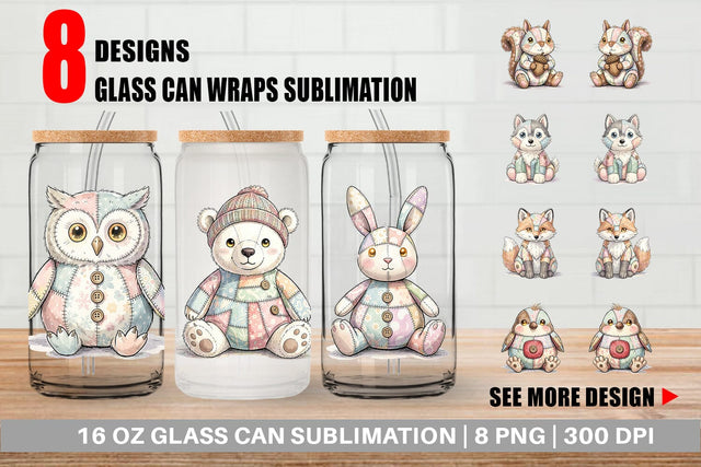 Glass Can Winter Woodland Patchwork Watercolor Sublimation artnoy 
