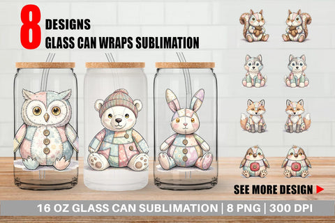 Glass Can Winter Woodland Patchwork Watercolor Sublimation artnoy 