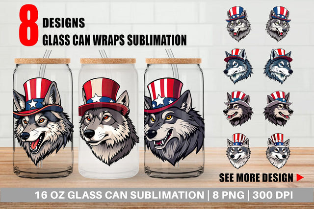 Glass Can Wolf Patriotic Sublimation artnoy 