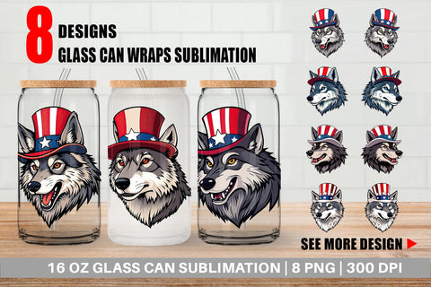 Glass Can Wolf Patriotic Sublimation artnoy 