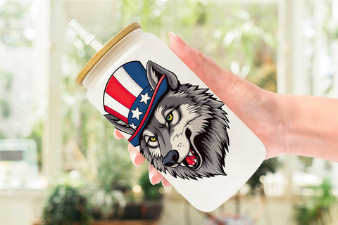 Glass Can Wolf Patriotic Sublimation artnoy 