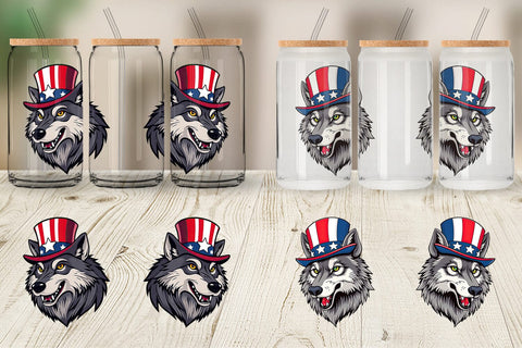Glass Can Wolf Patriotic Sublimation artnoy 