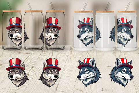 Glass Can Wolf Patriotic Sublimation artnoy 