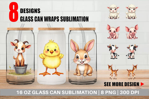 Glass Can Wonky Barnyard Babies Watercolor Sublimation artnoy 