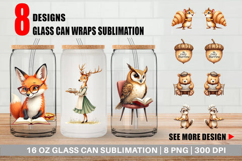 Glass Can Woodland Animal Cafe Sublimation artnoy 