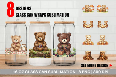 Glass Can Woodland Forest Teddy Bear Watercolor Sublimation artnoy 