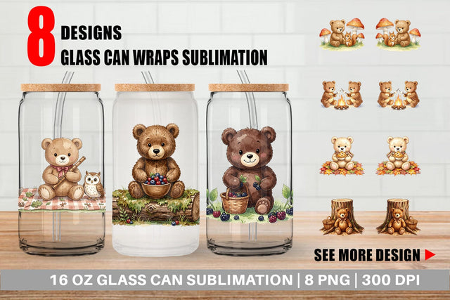 Glass Can Woodland Forest Teddy Bear Watercolor Sublimation artnoy 