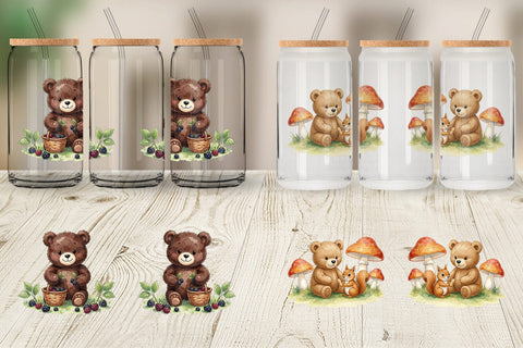 Glass Can Woodland Forest Teddy Bear Watercolor Sublimation artnoy 