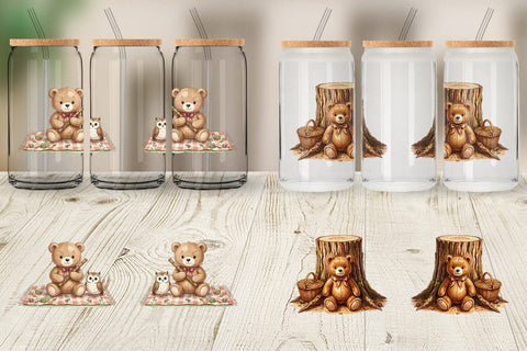 Glass Can Woodland Forest Teddy Bear Watercolor Sublimation artnoy 