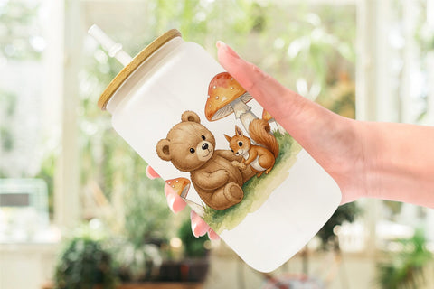 Glass Can Woodland Forest Teddy Bear Watercolor Sublimation artnoy 