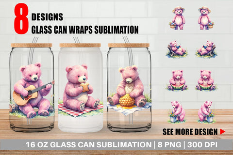 Glass Can Woodland Mama Bear Watercolor Sublimation artnoy 