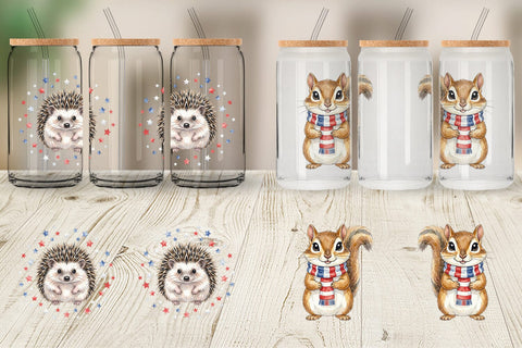 Glass Can Woodland Patriotic Animals Watercolor Sublimation artnoy 