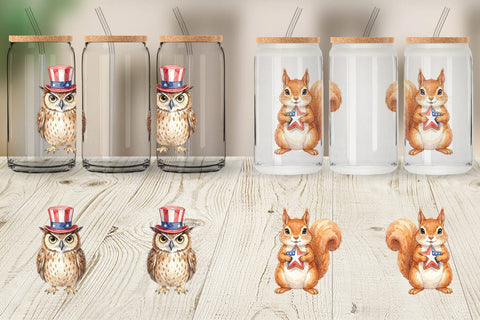 Glass Can Woodland Patriotic Animals Watercolor Sublimation artnoy 