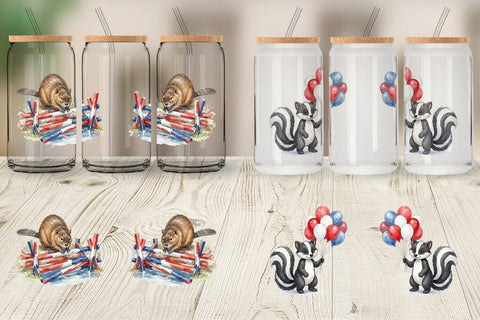 Glass Can Woodland Patriotic Animals Watercolor Sublimation artnoy 