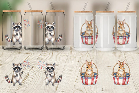 Glass Can Woodland Patriotic Animals Watercolor Sublimation artnoy 