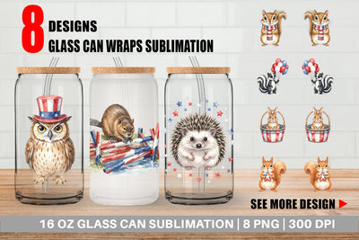 Glass Can Woodland Patriotic Animals Watercolor Sublimation artnoy 