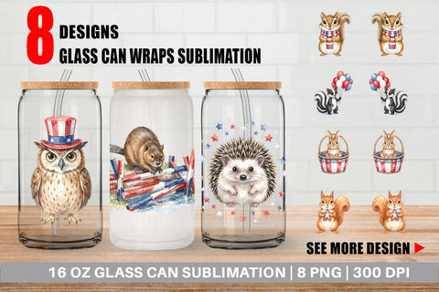 Glass Can Woodland Patriotic Animals Watercolor Sublimation artnoy 