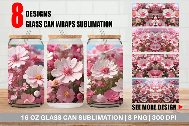 Glass Can Wrap 3D Cosmos Flowers Sublimation artnoy 