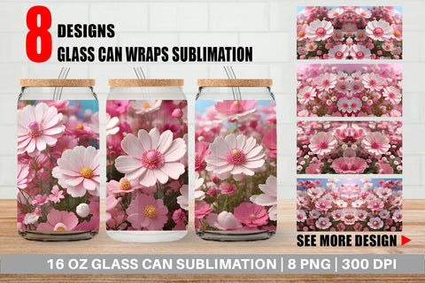 Glass Can Wrap 3D Cosmos Flowers Sublimation artnoy 