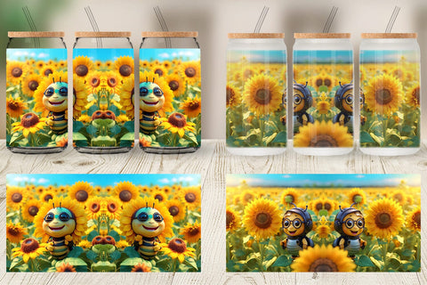 Glass Can Wrap 3D Cute Bee Sunflowers Sublimation artnoy 