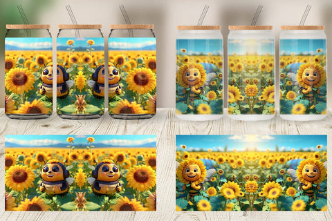 Glass Can Wrap 3D Cute Bee Sunflowers Sublimation artnoy 