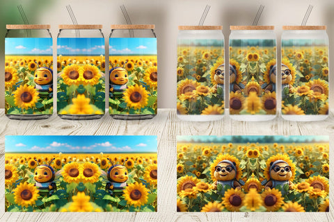 Glass Can Wrap 3D Cute Bee Sunflowers Sublimation artnoy 