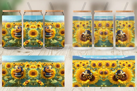 Glass Can Wrap 3D Cute Bee Sunflowers Sublimation artnoy 