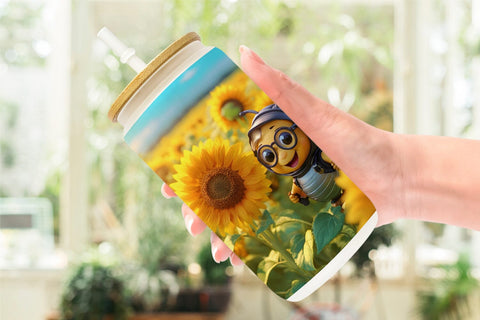 Glass Can Wrap 3D Cute Bee Sunflowers Sublimation artnoy 