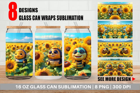 Glass Can Wrap 3D Cute Bee Sunflowers Sublimation artnoy 
