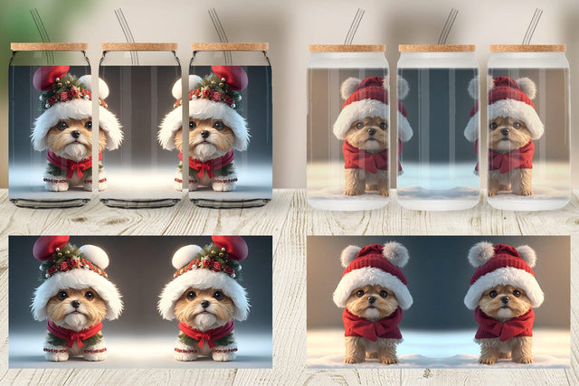 Glass Can Wrap 3D Cute Dog Christmas Sublimation artnoy 