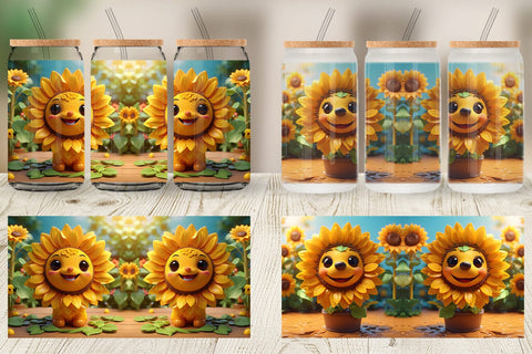 Glass Can Wrap 3D Cute Sunflowers Sublimation artnoy 