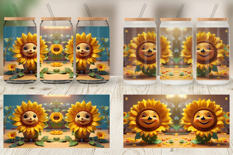 Glass Can Wrap 3D Cute Sunflowers Sublimation artnoy 
