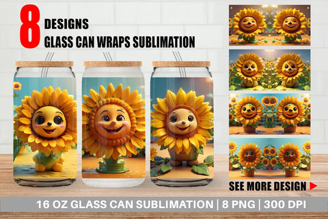 Glass Can Wrap 3D Cute Sunflowers Sublimation artnoy 