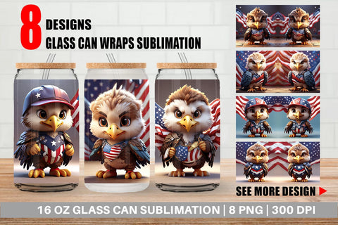 Glass Can Wrap 3D Eagle 4th July Patriotic Sublimation artnoy 