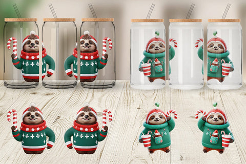 Glass Can Wrap 3D Festive Sloth Sublimation artnoy 