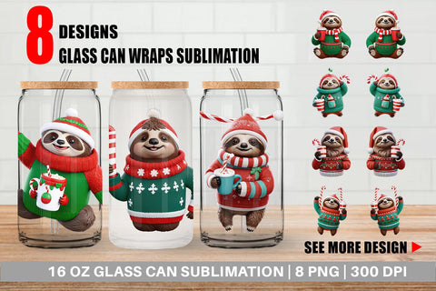 Glass Can Wrap 3D Festive Sloth Sublimation artnoy 