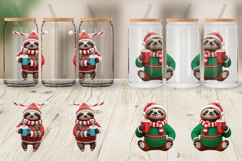 Glass Can Wrap 3D Festive Sloth Sublimation artnoy 