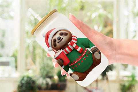 Glass Can Wrap 3D Festive Sloth Sublimation artnoy 