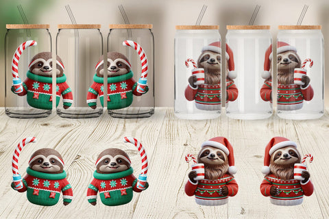Glass Can Wrap 3D Festive Sloth Sublimation artnoy 