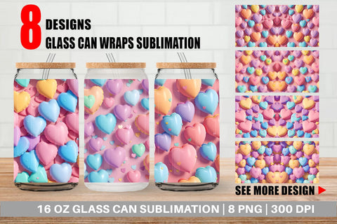 Glass Can Wrap 3D Hearts Pastel Colorful Sublimation artnoy 