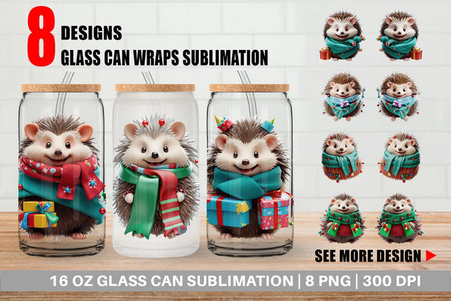 Glass Can Wrap 3D Holiday Hedgehog Sublimation artnoy 