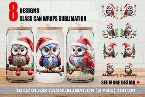 Glass Can Wrap 3D Owl Sublimation artnoy 