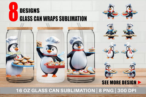 Glass Can Wrap 3D Penguin Chef Sublimation artnoy 